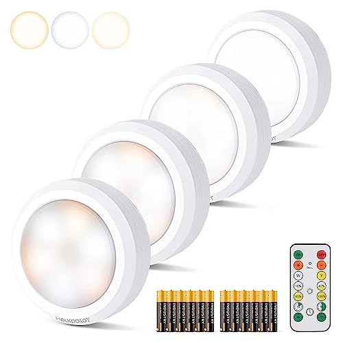 LEDライト 4個セット 電池式 キッチンライト HOLKPOILOT 明るさ調整 昼光色/電球色/温白色 切タイマーで自動消灯 リモコン付き LEDライト 小型 電池式 手元ライト 直径9cm 単3電池12本 (付属) 貼り付け照明 取付簡単 省エネ 防災 節電対策 キッチン照明/枕元照明/本棚照明/ワードローブ照明 モデルHP1001