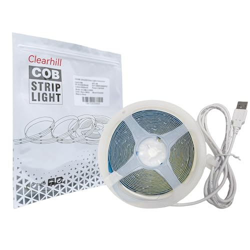 クリアヒル（Clearhill）5V COB LEDストリップライト 1個 5M 温白色 3000K 320LED/m 3.5W/m 幅8mm 非防水IP20 1M USBスイッチケーブル 22AWG DIY 家庭のインテリア用