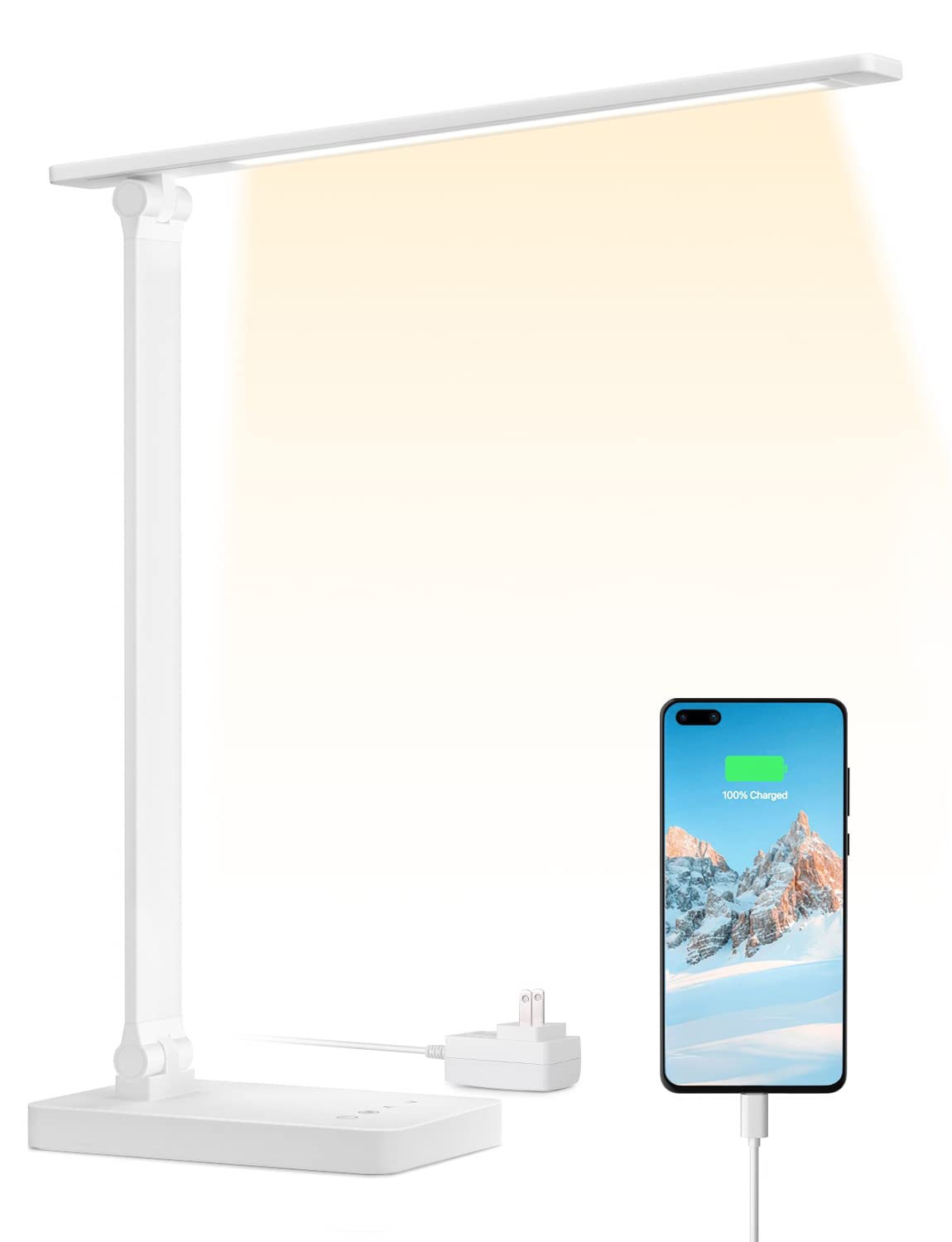 Lepro デスクライト led 目に優しい 電気スタンド DCアダプター付き 明るさ550ルーメン スタンドライト 卓上ライト おしゃれ 【5段階明るさ/電球色・白色・昼光色/タッチセンサー操作/調光調色/照明とデバイス充電を両立/多角度調整/コンセント付き】 卓上 勉強 机 明るい 読書灯 台灯 ブックライト (ホワイト)