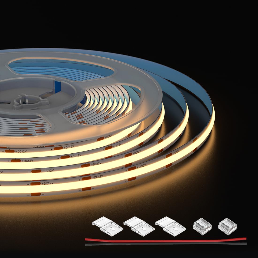 FCOB COB LEDテープライト 480LEDs/m 5M 電球色 3000K フレキシブル 高密度 幅8mm ストリップライト DC12V 9W/m 調光可能 変形可能 切断可能 寝室 キッチンホーム 屋内装飾 エネルギー 非防水 CRI>90 コントローラーと電源がない