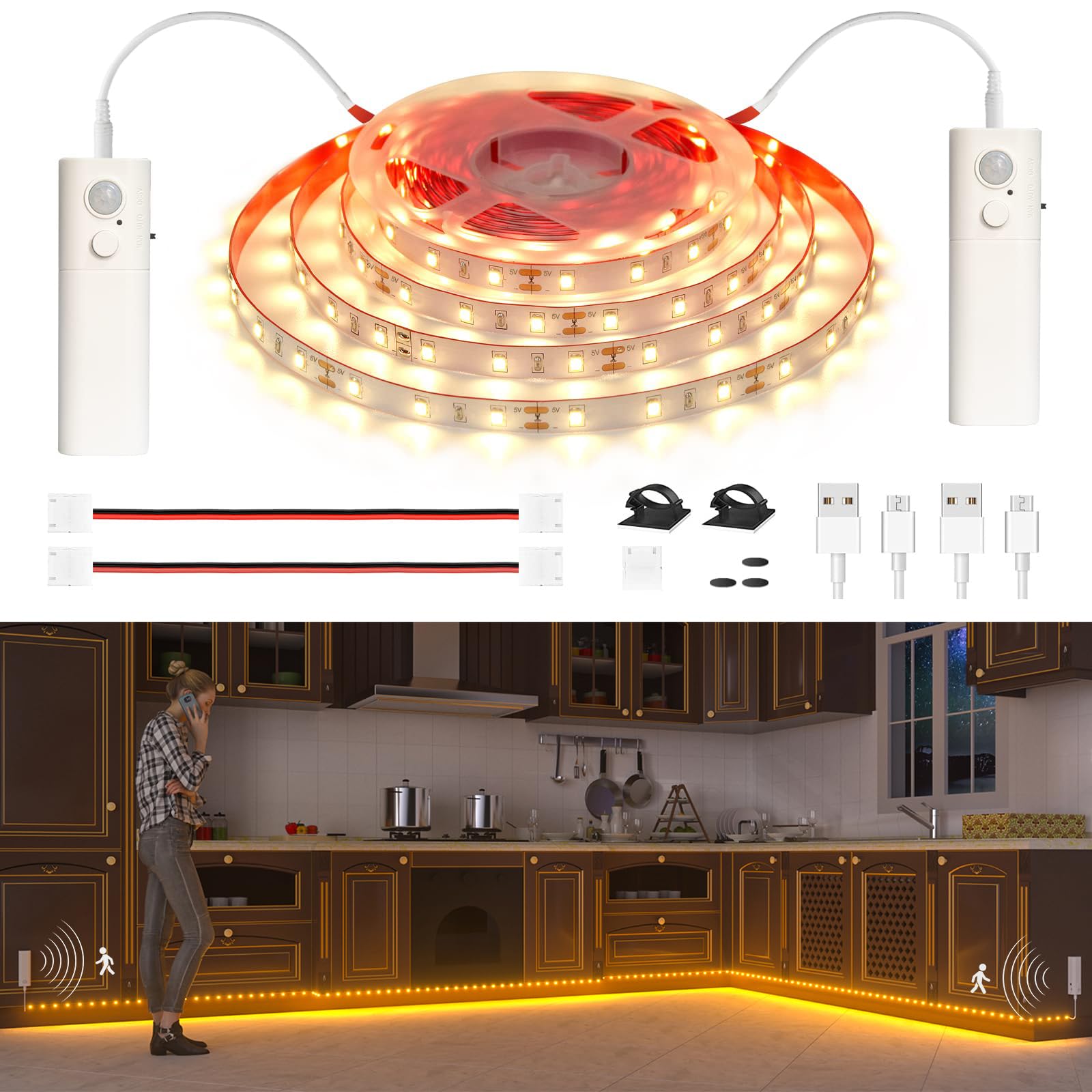 Wobane 人感センサー テープライト 5m 充電式 2200mAh 間接照明 階段 足元灯 diy ledテープ 工事不要 磁石+両面テープ 台所/玄関/夜間 トイレ/廊下/洗面所/ベッド下/クローゼット照明 自動点灯・消灯 省エネ センサーライト 室内 非防水 (電球色)