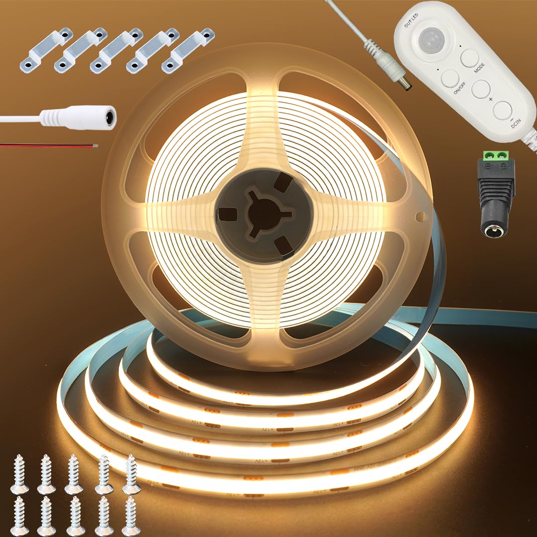 クリアヒル（Clearhill）12V DC モーションセンサー付き調光可能なフレキシブルLEDストリップライト、5M 温白色3000K強力、幅8mm、320LEDs/M、防水なしIP20、クローゼットライト、寝室、キャビネット 階段用